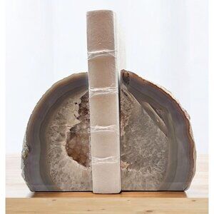 Agate Crystal Bookends Geode Center, Natural Stone Unique Bookshelf Decor (FQ)
